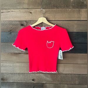 Vintage 70s/80s Red Baby Tee with Lettuce Hem Trim